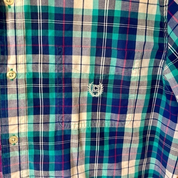 Chaps Button-Down Shirt Large Blue Teal Green White Plaid Easy Care Short Speve - Picture 4 of 9
